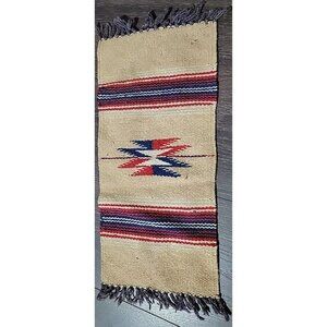 Chimayo Southwestern Woven Mat Runner Geometric Fringe 17x7in Vtg Farmhouse Prim